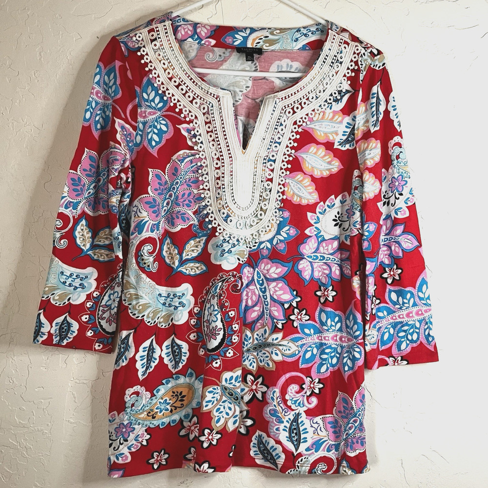 Talbots Petite Medium Pima Cotton Modal Tunic Top Red Floral Paisley Boho Resort